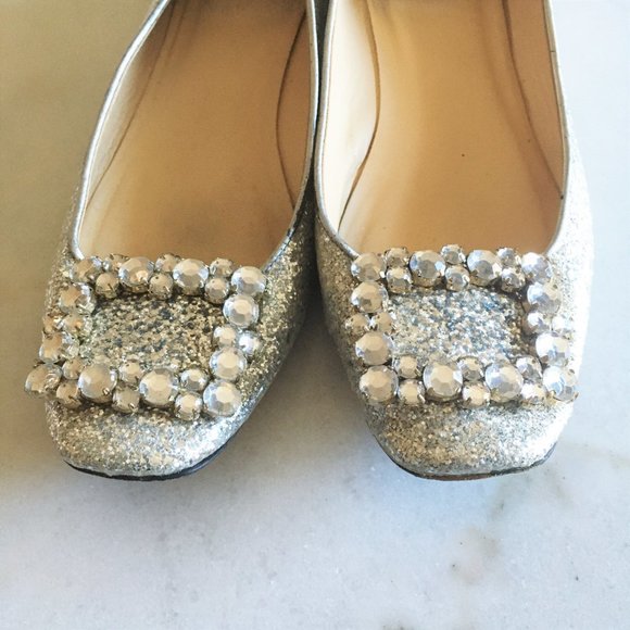 Kate Spade Norella silver glitter ballet flat shoe with crystal buckles - Picture 8 of 11